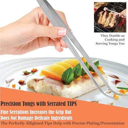 Professional Culinary Stainless Steel Precision Tongs with Serrated Tips, Plating/Food Presentation Detailing Serving Tongs, Chef's Kitchen Tweezer Tongs - Ultra Non-Slip Grip (10 Inch Curved) - size: 10" Curved Slim