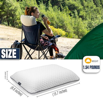 alkamto Travel & Camping Comfortable Memory Foam Pillow – Easy to Carry Portable Bag – Temperature Regulating Pillow Case - size: 15.7 x 10.6 x 3.9 In - White + Extra Cover