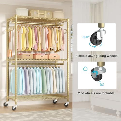 FUTASSI P1 Plus Rolling Clothes Rack, 22mm Diameter Heavy Duty Garment Rack - color: Gold, size: P1 Plus