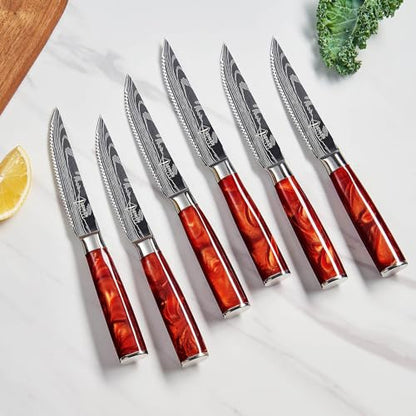 SENKEN Professional 6-Piece Steak Knife Set with Engraved Damascus Pattern, Razor Sharp Blade, High Carbon Steel with Gift Box (Red) - color: Crimson Red