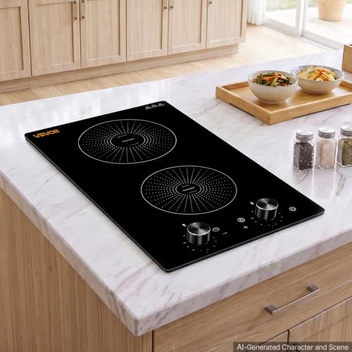 VEVOR 12 Inch Induction Cooktop 2 Burners,Built-in Electric Stove Top,Knob Control,Ceramic Glass Surface,Low-Power Continuous Heating,11 Power Levels,Child Lock,1800W,110V No Plug - size: 12IN-knob