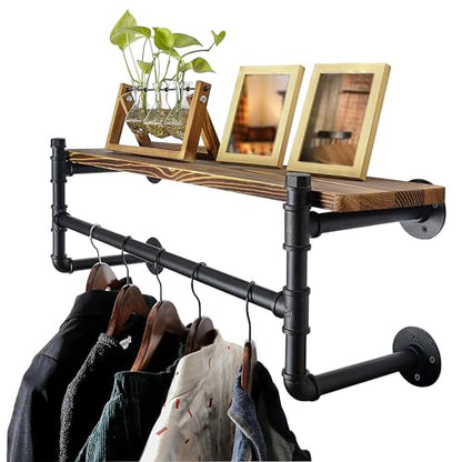 WEBI Wall Mounted Clothes Rack with Shelf,24" Industrial Pipe Clothing Rack with Shelves,Heavy Duty Iron Garment Bar,Retail Display Clothes Rod for Laundry Room,Black - color: Black, size: 24 Inch