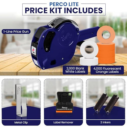 Perco Price Gun 1-Line Kit with 2 White 4 Orange Rolls, Clip & Ink Rollers - color: Fluorescent Orange