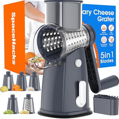Rotary Cheese Grater Hand Crank, 5-in-1 Vegetable Chopper Spiralizer Slicer - color: Gray