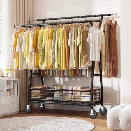 Raybee Clothes Rack, 630LBS Heavy Duty, Double Rods with Storage Basket - color: Black, style: Double Rods