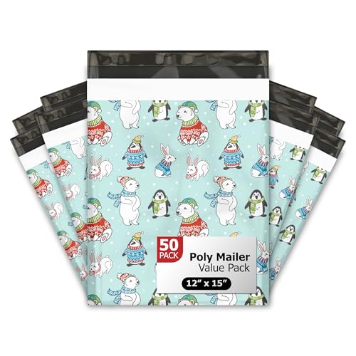 12x15 (50) Winter Animals Christmas Designer Poly Mailers Self Sealing Waterproof Shipping Envelopes Holiday Premium Printed Bags For Small Businesses - color: Winter Animals, size: 12x15