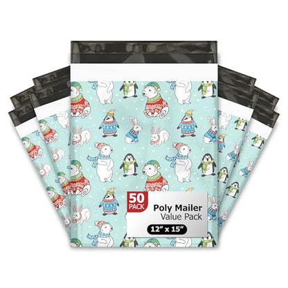 12x15 (50) Winter Animals Christmas Designer Poly Mailers Self Sealing Waterproof Shipping Envelopes Holiday Premium Printed Bags For Small Businesses - color: Winter Animals, size: 12x15