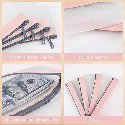 4pcs Storage Bags with Zipper, Pink TPU Money Pouch, Clear Bank Deposit Bags, Waterproof Cash Bag for Collectors, Multi-Purpose Check Wallet (Pink, 7.6 x 3.7 inch, 4 Bags) - color: pink