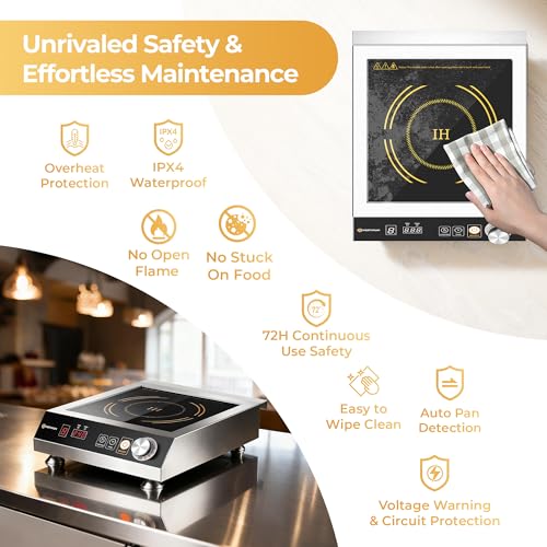 3500W Commercial Induction Cooktop, 220V Plug, Professional Heavy-Duty Portable Burner, 45s Fast Boil, 72H Continuous Use, Dual Fans, IPX4 Waterproof for Restaurants, Food Trucks, Catering