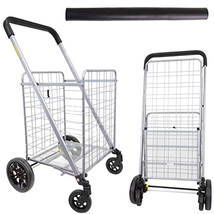dbest Products Cruiser Cart Deluxe 2 Germ Guard Bundle Shopping Handle Grocery Rolling Folding Laundry Basket on Wheels Foldable Utility Trolley Compact Lightweight Collapsible - color: Silver, style: Deluxe 2 Germ Guard Bundle
