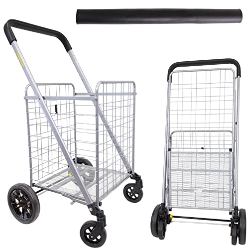 dbest Products Cruiser Cart Deluxe 2 Germ Guard Bundle Shopping Handle Grocery Rolling Folding Laundry Basket on Wheels Foldable Utility Trolley Compact Lightweight Collapsible - color: Silver, style: Deluxe 2 Germ Guard Bundle