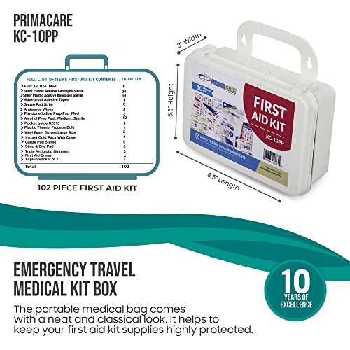 Primacare KC-10PP 10 Person Compact First Aid Kit, 8"x5"x3", with 102 Pieces Emergency Medical Supplies, Portable Kits for Home, School and Office, Wall Mount, White - size: 10 Person Kit