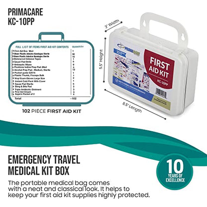 Primacare KC-10PP 10 Person Compact First Aid Kit, 8"x5"x3", with 102 Pieces Emergency Medical Supplies, Portable Kits for Home, School and Office, Wall Mount, White - size: 10 Person Kit