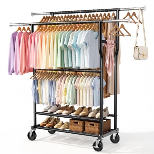 Heavy Duty Clothes Rack Load 960LBS, Adjustable Three Rods Rolling Garment Rack with Double-Layer Bottom Shelf, Portable Commercial Clothing Rack for Hanging Clothes with Wheels, Black - color: Black