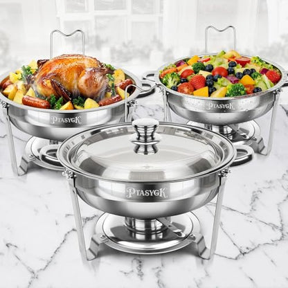 Round Chafing Dishes Buffet 3 Pack 5QT Silver Stainless Steel Lid - size: Silver-3 PACK