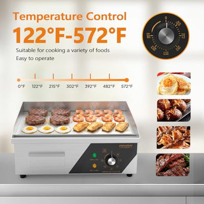 ROVSUN 18" Electric Countertop Flat Top Griddle, 1500W Electric Griddle, Teppanyaki Grill Stainless Steel with Adjustable Temperature Control 122°F-572°F for Commercial Home Restaurant, Plug - size: 18"
