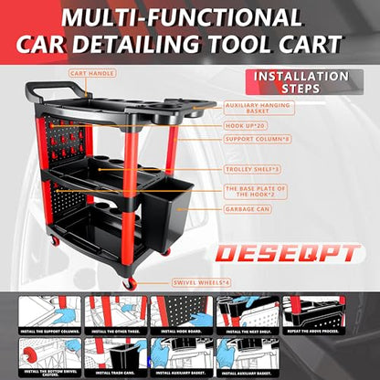 Auto Detailing Cart with Wheels, 3 Tier Rolling Detail Cart - color: Upgraded