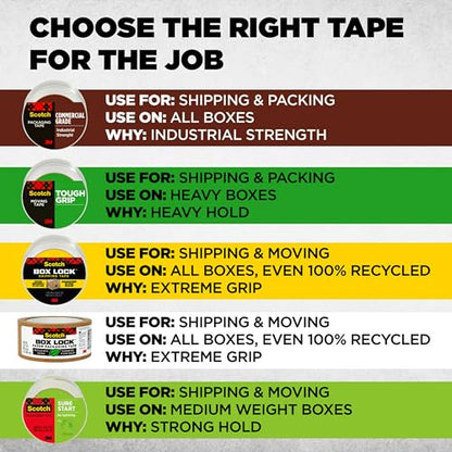 Scotch Commercial Grade Shipping Packaging Tape, 1.88" x 54.6 yd, Designed for Packing, Shipping and Mailing, Guaranteed to Stay Sealed, 3" Core, Clear, 4 Rolls (3750-4RD)