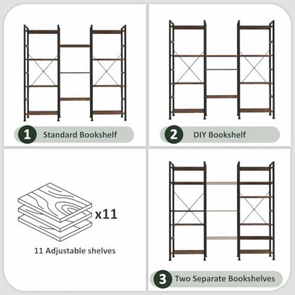 Triple Bookshelf, Free Standing Bookcase with Open Storage Shelves - color: Rustic Brown, size: 11 Tier