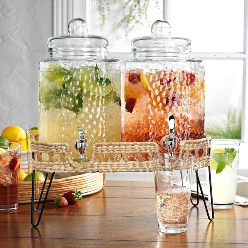 Beverage Dispensers - Set of 2 Glass Drink Dispensers with Metel Stand - 1.5-Gallon Capacity - Perfect for Lemonade, Juice, Water, Iced Tea, Punch (Wicker Design-Clear) - color: Clear-Wicker Design
