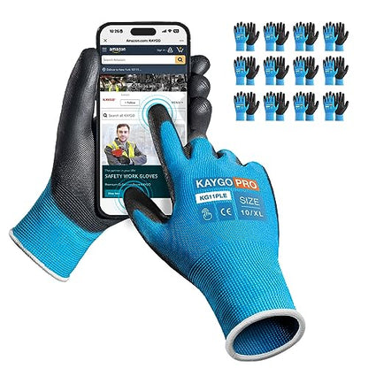 KAYGO Safety Work Gloves, PU Coated, 2-Finger Touchscreen, KG11P - color: Blue (Touch Screen), size: X-Large