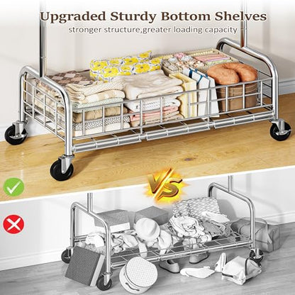 Raybee heavy duty clothes rack with wheels, 485LBS, Bottom Storage Basket - color: Chrome, style: Single Rod