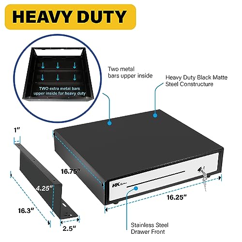 HK SYSTEMS 16" Heavy Duty Black Push Open Cash Drawer, 5B5C with Under Counter Mounting Metal Bracket - size: 2. 16" Push Black