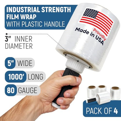 5” x 1000’ Stretch Wrap Mini 4 Rolls with Handle – Clear Plastic Stretch Film 80 Gauge, 500% Elongation, Heavy Duty Shrink Wrap for Moving, Packing & Shipping - style: Pack of 4