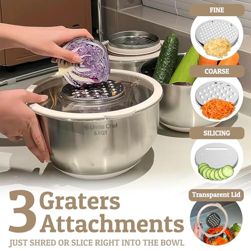 Mixing Bowles Set with Lids Set - Warp-Proof TPR-AS Lids, Stainless Steel Mixing Bowl with 3 Graters & Measuring Lines, Non-Slip Bowls for Baking, Prep, Airtight Food Storage (Khaki 5/3/2/1.5/0.63QT) - color: Khaki