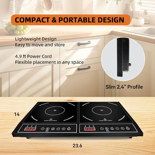Portable Double Induction Cooktop, 1800W Countertop Burner with Power Sharing, 10 Power & Temperature Levels, 140-465°F Temperature Control, Digital Display, Timer