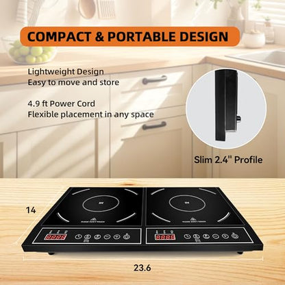 Portable Double Induction Cooktop, 1800W Countertop Burner with Power Sharing, 10 Power & Temperature Levels, 140-465°F Temperature Control, Digital Display, Timer
