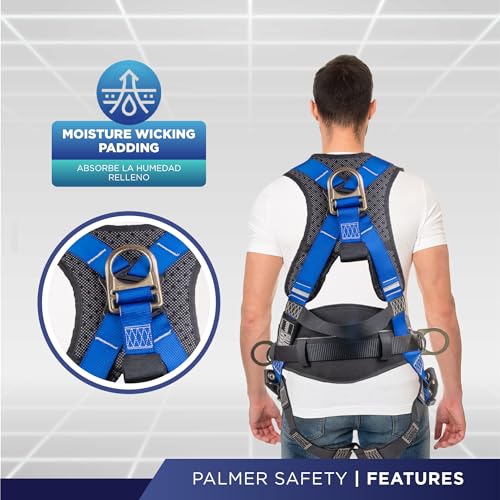 Palmer Safety Hammerhead 5pt Safety Harness Back Padded, QCB Chest, Tongue Buckel Legs Straps, Back & Side D-Rings - color: Blue, size: XX-Large