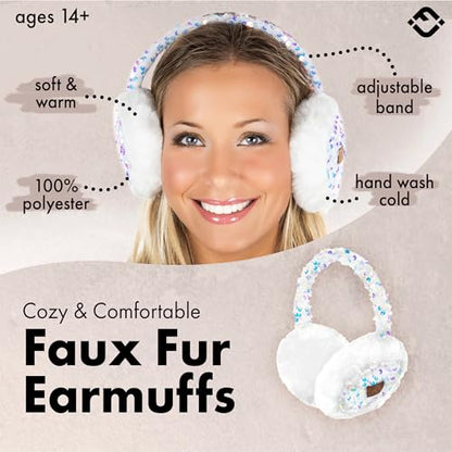 Funky Junque Women’s Winter Earmuffs - Cable Knit & Sequin - color: Sequin - White