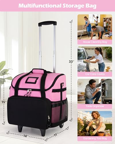 Marscamd Large Rolling Cleaning Caddy Bag with Detachable Trolley, Pink - color: Pink
