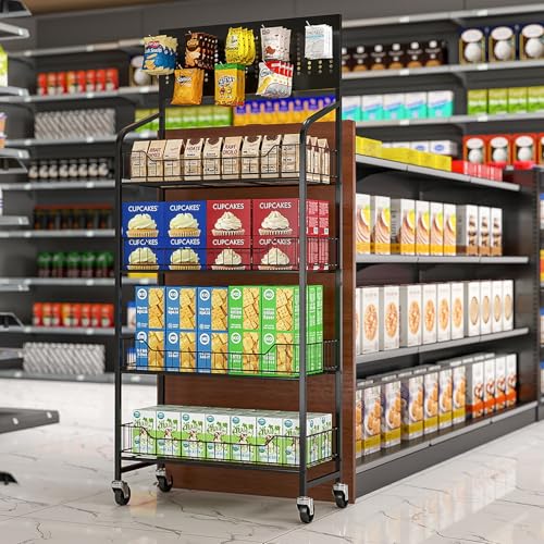 5 Tier Retail Display Rack, Snack Organizer Stand With Wheels & Hooks, Candy Potato Chip Metal Wire Display Shelf Cart for Supermarket and Home Kitchen, Black (55 * 23.8 * 10.4)