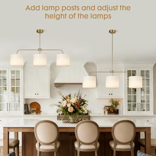 3 Light Gold Linear Chandelier with Linen Beige Drum Shades,Modern Pendant Light Fixture for Kitchen Island,Dining Room,Living Room,Mid-Century Ceiling Light Fixture,Adjustable Height Island Light - color: 3 Light-Gold