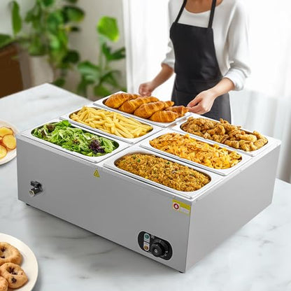 WILPREP Commercial Food Warmer with Six 1/3 Pans, 1500W Countertop Electric Warmer, 86-185°F Adjustable Temp Control & Over-Temp Protection, Stainless Steel Buffet Bain Marie - size: 1/3 pan*6