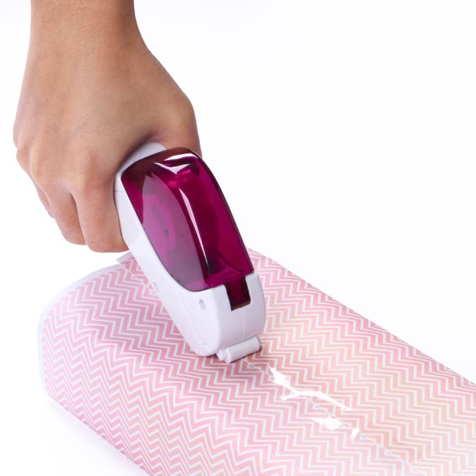 One-Handed Tape Dispenser Gun - Automatic Cutter for Gift Wrapping, Office & Crafts - Portable, Safe Hidden Blade, No Batteries - Fits 1/2" to 3/4" Tape (Include 1 Roll, Pink) - color: Pink