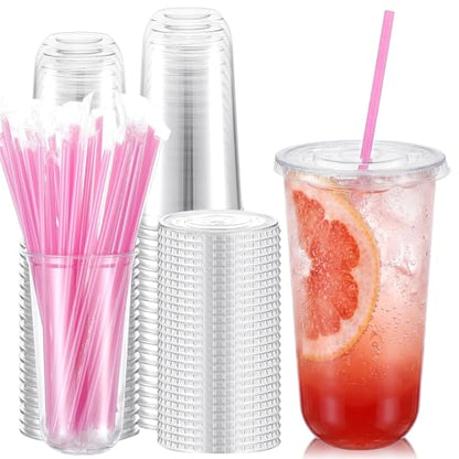 Ziliny 50 Pack 20 oz Plastic Cups with Lids Straws Iced Coffee, Pink - color: Pink, size: 20 oz