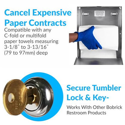Bobrick B-262 Surface Mounted Paper Towel Dispenser - Stainless Steel Commercial Bathroom Towel Dispenser with Tumbler Lock 400 C-Fold or 525 Multifold Capacity, (Pack of 6) - size: 14" (Pack of 6), style: Tumbler Lock