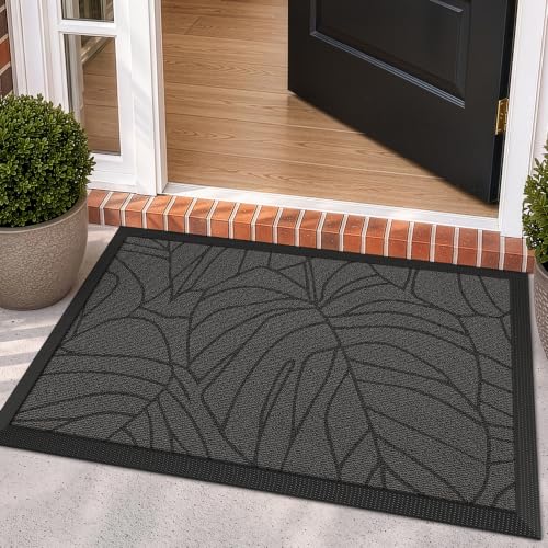LUMI Outdoor Door Mat Traps & Hides Dirt 32x47, Outside Entrance, Monstera - color: Grey Monstera, size: 2'8" x 3'11" (32"x47")