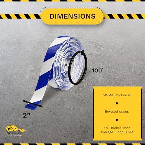 Mighty Line Diagonal Hazard Floor Marking Tape, 100 ft Roll - size: 2 inch, style: White With Blue Chevrons