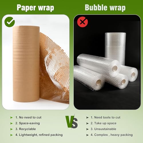 Honeycomb Packing Paper 12" X 200 FT Packing Material for Moving Glass Dishes Wrapping Paper Bubble Wrap for Shipping Fragile Items Shipping Filler with 20 Fragile Stickers - size: 12"x200'