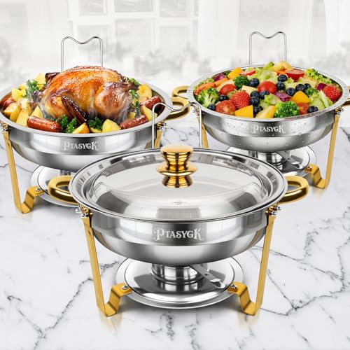 Round Chafing Dishes Buffet 3 Pack 5QT Gold Stainless Steel Lid - size: Gold-3 PACK