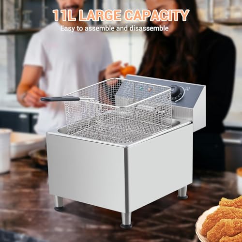 Commercial Electric Deep Fryer, 11L(11.55Qt) Single Removable Basket and Lid Stainless Steel Fast Heat Up Electric Countertop Fryer for Home and Commercial Restaurant Use, 201SS - size: 11L 201