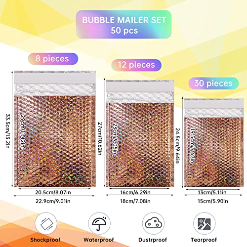 50 Pcs Metallic Bubble Mailers,Holographic Bubble Mailers,Poly Padded Envelopes,Waterproof Self Seal Adhesive Shipping Bags,Holographic Envelopes for Mailing,Packing,Small Business,Thicken (Rose Gold)