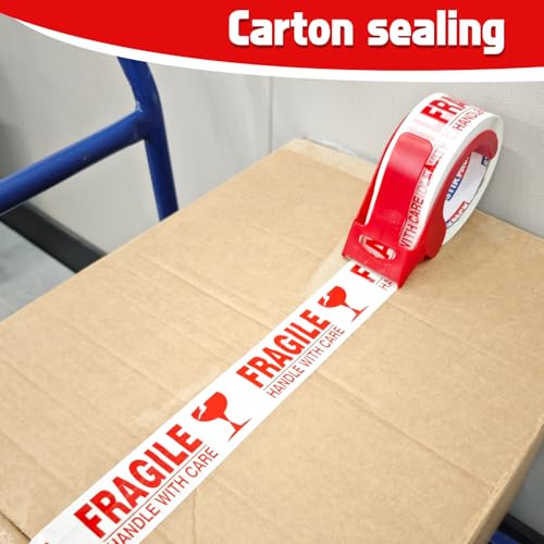 Fragile Tape with Dispenser 2 Inch x 330 Feet (110 Yards) 2 Rolls, Total 220 Yards, Heavy Duty Fragiles Handle with Care Tape for Shipping, Sealing and Moving Box