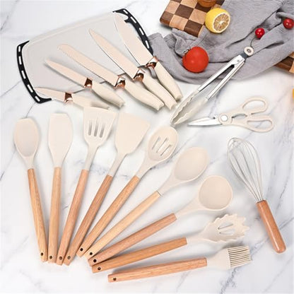 Kitchen Cooking Utensils and Knife Set with Holder Block, 19 Pieces Cooks Cutting Set 11 Pcs Silicone Cooking Utensils Sharp Stainless Steel Knives Scissors Whisk Tongs and Cutting Board (Beige) - color: Beige