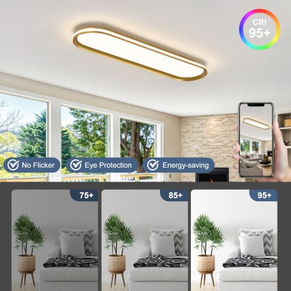 ADISUN Modern LED Ceiling Light Dimmable Linear Ceiling Light 31in Semi Flush Mount Long Lights with Remote Control and Side Lighting for Living Room Kitchen Dining Room Gold - color: Gold-1Pack, size: 31 Inch
