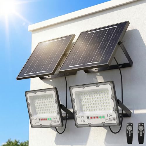 2-Pack 50W Solar Flood Light Outdoor Waterproof, 15000LM 6500K LED Street Light with Remote, Dusk to Dawn Solar-Powered Light, Split Type Security Light with 13FT Cable for Parking Lot Yard Garage - size: 2-Pack(50)